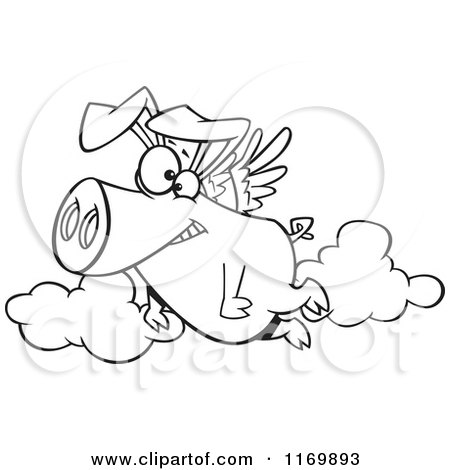 Cartoon of an Outlined Happy Pig Flying - Royalty Free Vector Clipart by toonaday