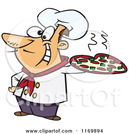 Cartoon of a Happy Italian Chef Holding a Pizza Pie - Royalty Free Vector Clipart by toonaday