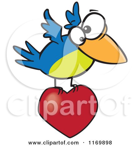 Cartoon of a Blue and Green Bird Flying with a Heart - Royalty Free Vector Clipart by toonaday