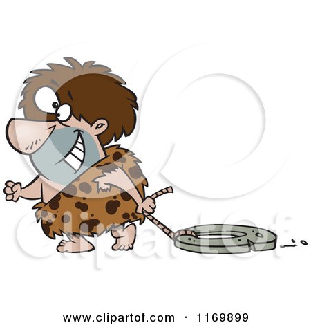 Cartoon of a Happy Caveman Dragging a Stone Wheel - Royalty Free Vector Clipart by toonaday
