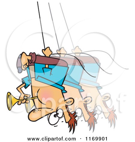 Cartoon of a Man Swinging Upside down and Blowing a Horn - Royalty Free Vector Clipart by toonaday
