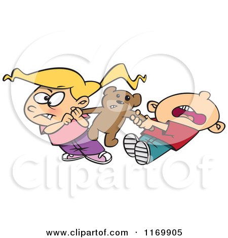 Cartoon of a Boy and Girl Quarreling over Sharing a Teddy Bear - Royalty Free Vector Clipart by toonaday