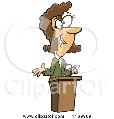 Cartoon of a Happy Brunette Woman Speaking at a Podium - Royalty Free Vector Clipart by toonaday