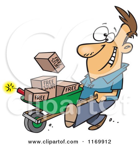 Cartoon of a Man Pushing Dynamite and Free Stuff in a Wheelbarrow - Royalty Free Vector Clipart by toonaday