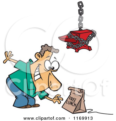 Cartoon of a Man Reaching for a Free Lunch Trap Under an Anvil - Royalty Free Vector Clipart by toonaday
