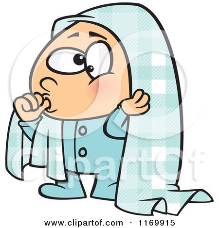Cartoon of a Boy Sucking His Thumb and Holding a Blankie over His Head - Royalty Free Vector Clipart by toonaday