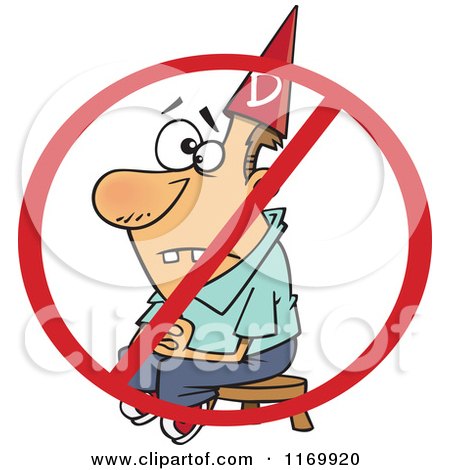 Cartoon of a Dunce Man Sitting on a Stool Under a Restricted Symbol - Royalty Free Vector Clipart by toonaday