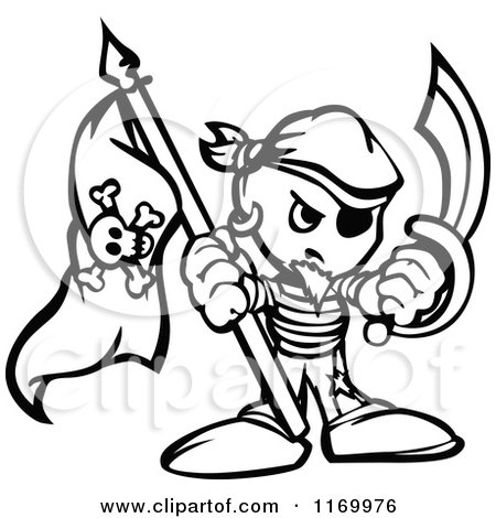 Cartoon of a Black and White Tough Pirate Holding a Jolly Roger Flag and Sword in Fisted Hands - Royalty Free Vector Clipart by Chromaco