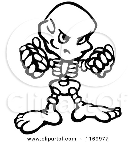 Cartoon of a Black and White Tough Skeleton Holding up Fists - Royalty Free Vector Clipart by Chromaco