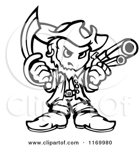 Cartoon of a Black and White Tough Captain Pirate Holding a Sword and Pistol in Fisted Hands - Royalty Free Vector Clipart by Chromaco