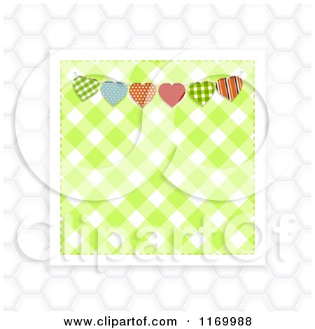 Clipart of a Green Gingham and Heart Bunting Square over White Hexagons - Royalty Free Vector Illustration by elaineitalia