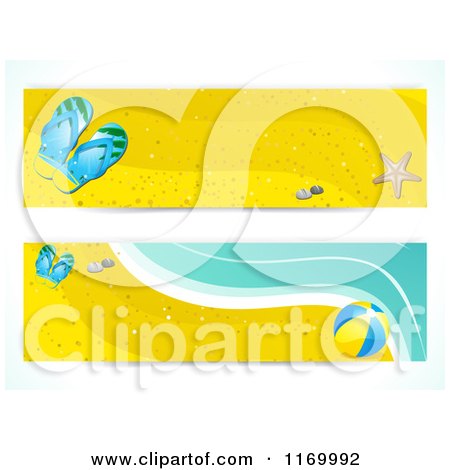 Clipart of Summer Beach Website Banners with Sand Sandals a Beach Ball and Surf - Royalty Free Vector Illustration by elaineitalia