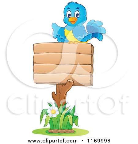 Cartoon of a Happy Bluebird Pointing over a Wooden Sign - Royalty Free Vector Clipart by visekart