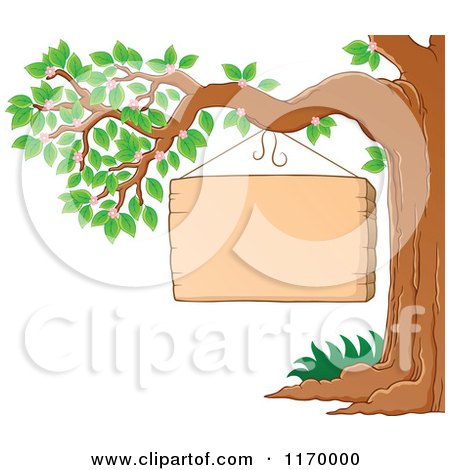 Cartoon of a Wood Sign Hanging Form a Tree - Royalty Free Vector Clipart by visekart