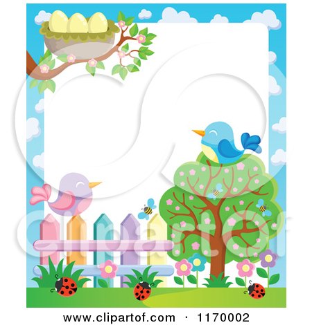 Cartoon of Birds on a Tree and Fence with a Nest and Ladybugs over White Copyspace - Royalty Free Vector Clipart by visekart