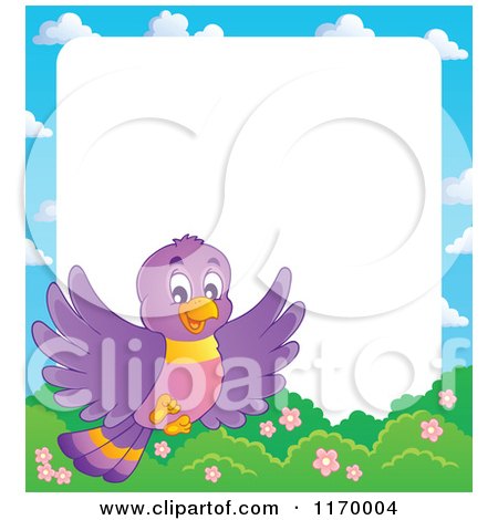 Cartoon of a Happy Purple Bird Flying over Shrubs over White Copyspace - Royalty Free Vector Clipart by visekart
