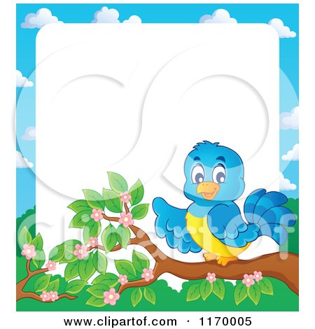 Cartoon of a Happy Bluebird Pointing on a Branch Against White Copyspace - Royalty Free Vector Clipart by visekart