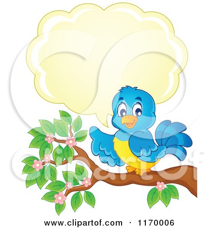 Cartoon of a Happy Bluebird Talking and Pointing on a Branch - Royalty Free Vector Clipart by visekart