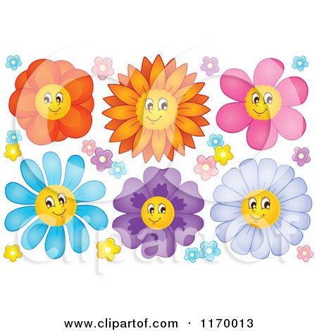 Cartoon of Colorful Happy Flowers - Royalty Free Vector Clipart by visekart