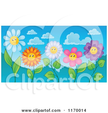 Cartoon of a Group of Happy Flowers over Sky - Royalty Free Vector Clipart by visekart
