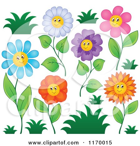 Cartoon of Colorful Flowers and Grass - Royalty Free Vector Clipart by visekart