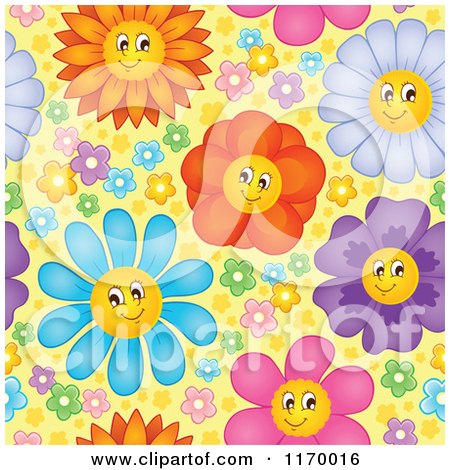 Cartoon of a Seamless Pattern of Colorful Happy Flowers on Yellow - Royalty Free Vector Clipart by visekart