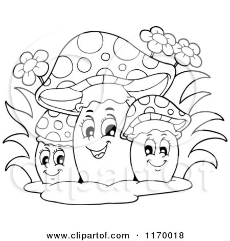 Cartoon of an Outlined Trio of Happy Mushrooms - Royalty Free Vector Clipart by visekart