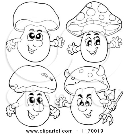 Cartoon of Outlined Mushroom Mascots - Royalty Free Vector Clipart by visekart