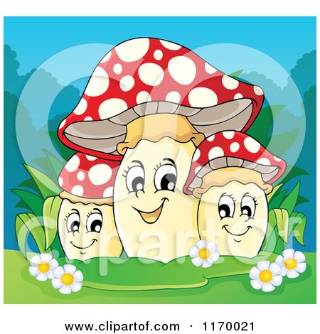Cartoon of a Trio of Happy Mushrooms with Plants and Flowers - Royalty Free Vector Clipart by visekart