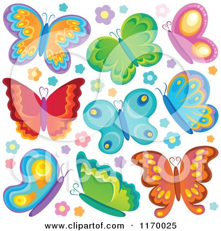 Cartoon of Colorful Butterflies and Flowers - Royalty Free Vector Clipart by visekart
