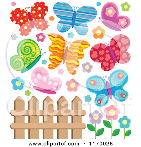 Cartoon of a Fence with Colorful Butterflies and Flowers - Royalty Free Vector Clipart by visekart