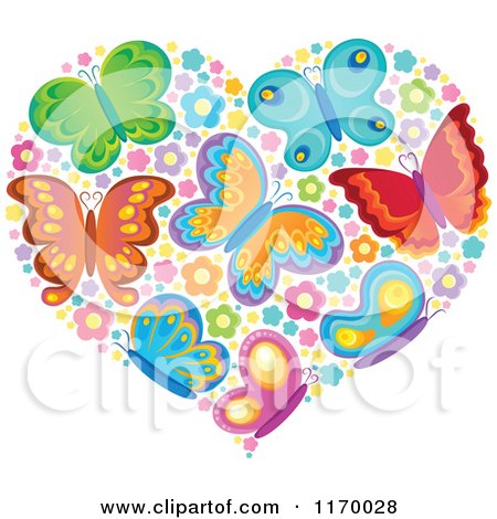Cartoon of a Heart Made of Butterflies and Flowers - Royalty Free Vector Clipart by visekart