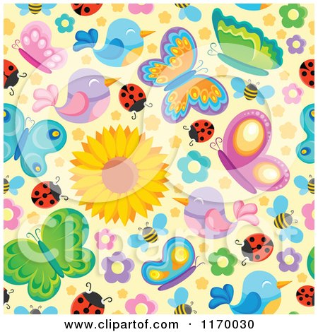 Cartoon of a Seamless Pattern of Spring Flowers Birds and Insects - Royalty Free Vector Clipart by visekart