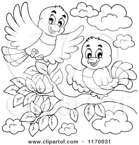 Cartoon of Outlined Happy Birds on and over a Branch - Royalty Free Vector Clipart by visekart