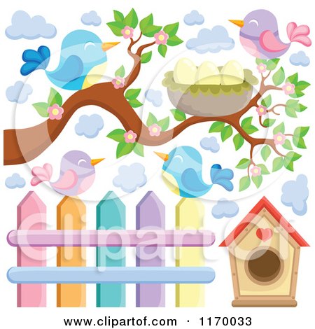 Cartoon of Birds with a Branch Nest House and Fence - Royalty Free Vector Clipart by visekart