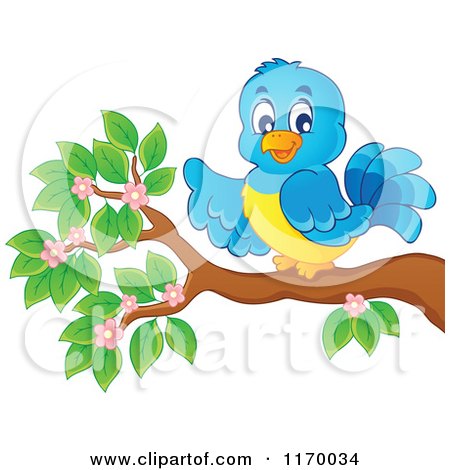 Cartoon of a Happy Bluebird Pointing on a Branch - Royalty Free Vector Clipart by visekart