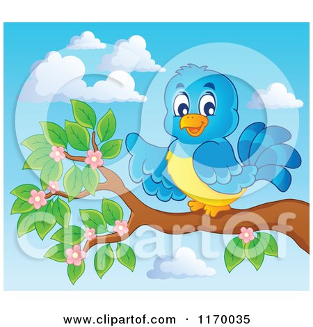 Cartoon of a Happy Bluebird Pointing on a Branch Against Sky - Royalty Free Vector Clipart by visekart
