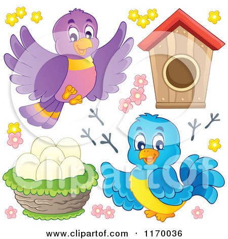 Cartoon of Happy Birds with Eggs in a Nest Tracks Flowers and a House - Royalty Free Vector Clipart by visekart