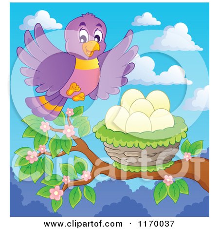 Cartoon of a Happy Purple Flying to a Nest in a Tree - Royalty Free Vector Clipart by visekart