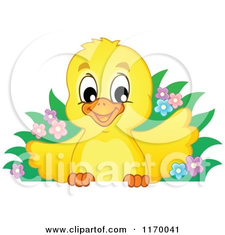 Cartoon of a Happy Cute Yellow Chick with a Bush over a Sign - Royalty Free Vector Clipart by visekart