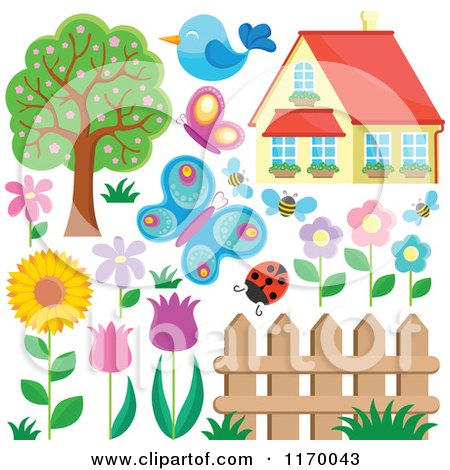 Cartoon of a House Insects Birds Flowers Fence and Tree - Royalty Free Vector Clipart by visekart