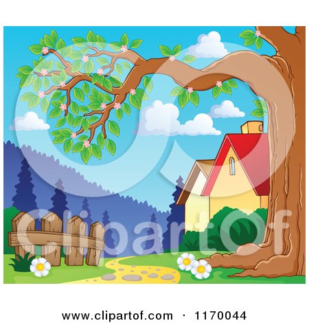 Cartoon of a Path and Fence Under a Blossoming Tree Behind Houses - Royalty Free Vector Clipart by visekart