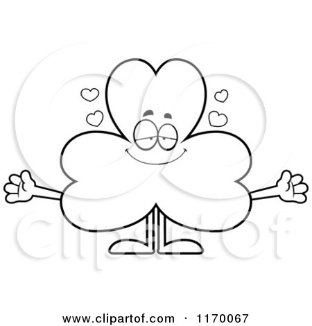 Cartoon of an Outlined Loving Shamrock Mascot Wanting a Hug - Royalty Free Vector Clipart by Cory Thoman
