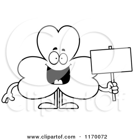 Cartoon of an Outlined Happy Shamrock Mascot Holding a Sign - Royalty Free Vector Clipart by Cory Thoman