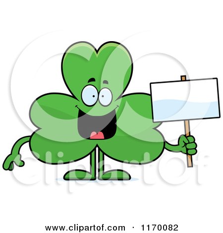 Cartoon of a Happy Shamrock Mascot Holding a Sign - Royalty Free Vector Clipart by Cory Thoman