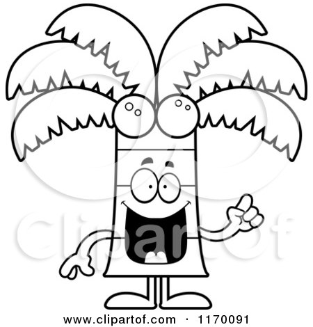 Cartoon of an Outlined Smart Coconut Palm Tree Mascot with an Idea - Royalty Free Vector Clipart by Cory Thoman