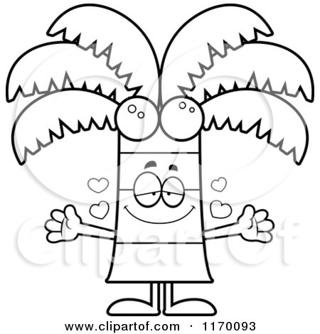 Cartoon of an Outlined Loving Coconut Palm Tree Mascot Wanting a Hug - Royalty Free Vector Clipart by Cory Thoman