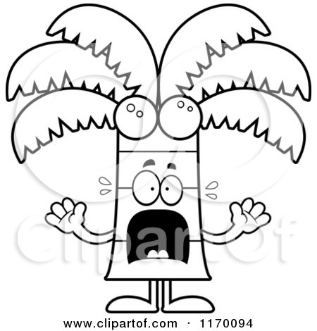 Cartoon of an Outlined Scared Coconut Palm Tree Mascot - Royalty Free Vector Clipart by Cory Thoman