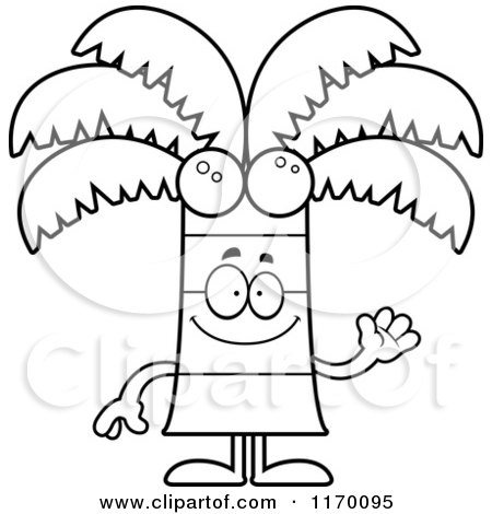 Cartoon of an Outlined Waving Happy Coconut Palm Tree Mascot - Royalty Free Vector Clipart by Cory Thoman
