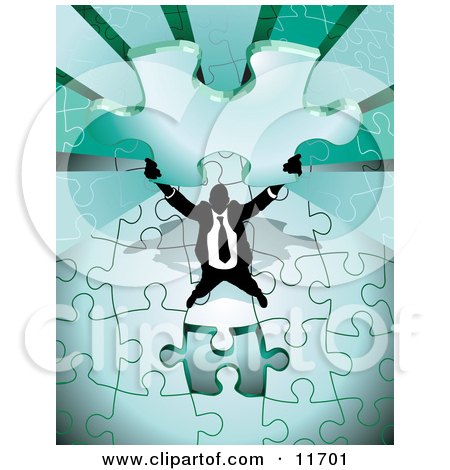 Proud, Successful Businessman Holding up the Last Piece of a Green Jigsaw Puzzle Before Completing it Clipart Illustration by AtStockIllustration
